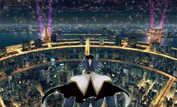  cape cityscape from_behind kaburagi_t_kotetsu male nakamura_(tec) night solo spandex superhero tiger_&amp;_bunny wild_tiger 
