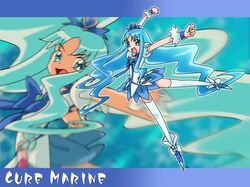  arms_up blue blue_background blue_eyes blue_hair bow brooch character_name choker cure_marine fuchi_minoru hair_ornament hairpin happy heartcatch_precure! jewelry kurumi_erika long_hair precure puffy_sleeves ribbon shoes skirt solo thigh-highs thighhighs white_legwear 