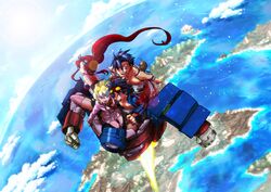  2girls blue_hair boota goggles goggles_on_head hair_ornament kamina lagann makishi_yaichi mecha multicolored_hair multiple_boys multiple_girls nia_teppelin ponytail red_hair redhead shirtless simon sky tattoo tengen_toppa_gurren_lagann time_paradox two-tone_hair yoko_littner 