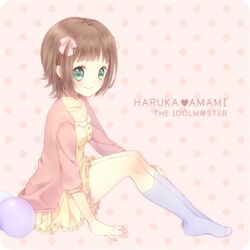 amami_haruka blue_legwear brown_hair cardigan character_name dress footwear green_eyes hair_ribbon hoshisaki_yume idolmaster kneehighs ribbon smile socks solo 