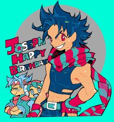  1girl 2boys bandana birthday bitz777 blue_eyes blue_hair caesar_anthonio_zeppeli character_name facial_mark fingerless_gloves flower gloves hair_flower hair_ornament happy_birthday head_wings headband jacket jojo_no_kimyou_na_bouken joseph_joestar_(young) midriff multiple_boys pink_eyes scarf suzi_quatro 