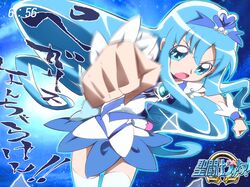  blue_eyes blue_hair cure_marine female heart heartcatch_precure! jet_yowatari kurumi_erika long_hair magical_girl parody precure punching saint_seiya saint_seiya_omega skirt solo thigh-highs thighhighs white_legwear 