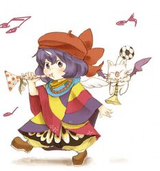  1girl ball beret blue_hair blush bow eiko_carol final_fantasy final_fantasy_ix hair_bow hat horn horn_(instrument) instrument ma-hain-scarlet moogle musical_note pinky_out poncho short_hair soccer_ball wings 