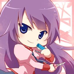  bakemonogatari blue_eyes chibi long_hair lowres monogatari_(series) necktie purple_hair riu_(1037238) school_uniform scissors senjougahara_hitagi shima_riu smile solo stapler 