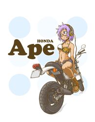  bikini blue_eyes boots breasts cleavage denim earphones glasses hegi highres honda motor_vehicle motorcycle original panties purple_hair simple_background swimsuit underwear vehicle 