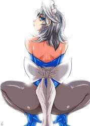  1girl ass black_legwear blue_eyes braid from_behind high_heels izayoi_sakuya leotard looking_back maid_headdress pantyhose shoes short_hair silver_hair solo squatting tajima_yuuki touhou twin_braids 