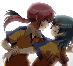  aqua_eyes aqua_hair clenched_teeth inazuma_eleven inazuma_eleven_(series) inazuma_eleven_go kamioyuu kariya_masaki kirino_ranmaru male multiple_boys pink_hair pulling simple_background soccer_uniform twintails white_background yellow_eyes 