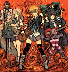  3girls anastasia_nikolaevna_romanova animal_ears black_hair black_legwear blonde_hair boots brown_hair drifters easy_(drifters) fire guitar headband hijikata_toshizou instrument jeanne_d'arc jeanne_d'arc long_hair microphone mismatched_footwear moto_murabito multiple_boys multiple_girls pantyhose pleated_skirt school_uniform short_hair skirt socks striped striped_legwear sweater_vest the_black_king thighhighs zettai_ryouiki 