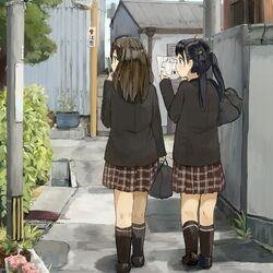  black_hair blazer blush brown_hair from_behind long_hair map multiple_girls nasuna original scenery school_uniform short_hair skirt twintails walking 