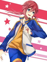  :d blue_eyes inazuma_eleven inazuma_eleven_(series) inazuma_eleven_go kirino_ranmaru male open_mouth oyu_cocoa pink_hair shorts smile soccer_uniform solo star track_suit twintails 