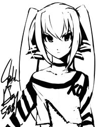  1girl character_request choker crop_top eu03 flat_chest hair_ribbon long_hair monochrome ribbon solo striped twintails 