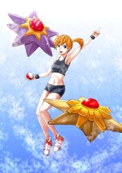  aqua_eyes arm_up armpits bare_shoulders blue_background holding holding_poke_ball kasumi_(pokemon) midriff orange_hair pointing poke_ball pokemon pokemon_(game) side_ponytail simple_background starmie staryu swimsuit wristband 