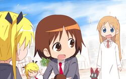  blue_eyes brown_eyes brown_hair cat child crossover hair_ribbon hakase_(nichijou) hand_puppet kill_me_baby labcoat loli long_hair multiple_girls neccom necktie nichijou open_mouth orange_hair oribe_yasuna professor_shinonome puppet ribbon sakamoto_(nichijou) school_uniform short_hair sonya_(kill_me_baby) twintails 