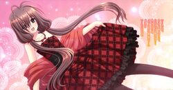  antenna_hair beads brown_hair dress eyes_visible_through_hair hair_over_one_eye highres koharubara_hiyori koharubara_hiyori_no_ikusei_nikki long_hair nishimata_aoi official_art open_mouth pantyhose purple_eyes solo strapless_dress twintails very_long_hair violet_eyes 
