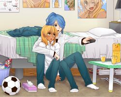  ball bed blonde_hair blue_eyes blue_hair blush controller footwear glass highres inazuma_eleven inazuma_eleven_(series) juice kazemaru_ichirouta miyasaka_ryou multiple_boys remote_control sitting soccer_ball socks tissue_box trap trash_can trashcan yellow_eyes 