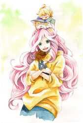  >_< ahoge animal blonde_hair cat chibi crossdressing glasses green_eyes hairband kurusu_shou long_hair ono-yuzi open_mouth pink_hair shinomiya_natsuki smile sweater traditional_media trap tsukimiya_ringo uta_no_prince-sama very_long_hair wavy_hair 