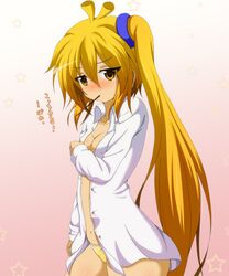  akita_neru blonde_hair blush breasts cleavage dr._cryptoso dress hair_ornament highres long_hair navel no_bra open_clothes open_shirt panties pocky side_ponytail solo star tears touhou underwear vocaloid yellow_eyes yellow_panties 