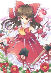  ascot bow brown_eyes brown_hair detached_sleeves flower hair_bow hair_tubes hakurei_reimu miko smile solo talisman torii touhou watase-ya yin_yang 