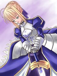  1girl ahoge armor armored_dress blonde_hair dress dutch_angle excalibur fate/stay_night fate_(series) gauntlets green_eyes hair_bun hair_ribbon hands_on_hilt kotori124589 ribbon saber solo sword weapon 