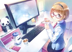  1girl blue_eyes brown_hair computer cup drink glasses hairband kurage_(kurakurapix) short_hair sitting smile solo stuffed_animal stuffed_toy teapot 