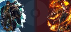  ash battle belt black_hair blastoise blue_(pokemon) brown_eyes brown_hair charizard eevee electricity fire hat jeans pikachu pokeball pokemon realistic red_(pokemon) red_eyes rivals water 