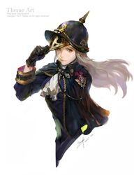  adjusting_hat brooch cape gloves green_eyes hat helmet hyuga_(artist) hyuga_(harubiya) jewelry long_hair military military_uniform original silver_hair smile solo spikes uniform 