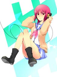  boots cardigan haitei headphones iwasawa open_cardigan red_eyes red_hair redhead school_uniform serafuku short_hair 