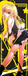  1girl alternate_costume bare_shoulders blonde_hair highres kirisame_marisa kurasaki_cority long_hair microphone_stand solo touhou yellow_eyes 
