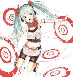  aqua_eyes aqua_hair bare_shoulders bike_shorts cola_miku hair_ribbon hatsune_miku headphones highres jewelry jumping la-na long_hair navel open_mouth outstretched_arms ribbon smile solo spread_arms twintails vocaloid 