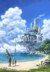  2girls artist_name black_hair blonde_hair brown_hair castle cloud hand_on_hip hat highres hips holding multiple_girls ocean original pointing scenery sky standing tomaknights 