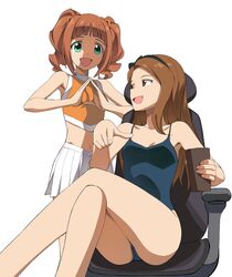  a1 bare_shoulders bikini brown_eyes brown_hair chair crossed_legs cup green_eyes idolmaster legs_crossed midriff minase_iori multiple_girls navel open_mouth pleated_skirt sitting skirt smile swimsuit takatsuki_yayoi 