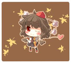  armband brown_background brown_hair hat heart leaf mintmochi_(artist) outline red_eyes shameimaru_aya simple_background solo tokin_hat touhou translation_request wings wink 