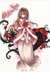  brown_hair capelet colored_pencil_(medium) dornroschen flower hair_flower hair_ornament long_hair marchen red_eyes red_rose rose satsuan0120 schneewittchen solo sound_horizon thorns title_drop traditional_media v_arms 