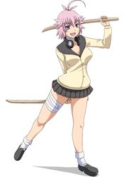  1girl ahoge bandages breasts cleavage dual_wielding headphones headphones_around_neck hyakka_ryouran_samurai_bride hyakka_ryouran_samurai_girls miyamoto_musashi_(hyakka_ryouran) pink_hair pleated_skirt ribonzu shoes short_hair short_sword simple_background skirt solo sword violet_eyes weapon white_background white_legwear 
