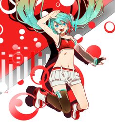  aqua_eyes aqua_hair asymmetrical_clothes cola_miku elbow_gloves fingerless_gloves gloves hatsune_miku highres jumping keishi long_hair looking_at_viewer midriff navel open_mouth single_thighhigh smile solo thigh-highs thighhighs twintails very_long_hair vocaloid 