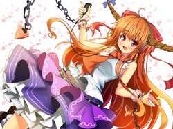  1girl bare_shoulders brown_hair chain fukunaga_kazuhiro hair_ribbon headphones highres horn_ribbon horns ibuki_suika long_hair red_eyes ribbon solo torn_clothes torn_sleeves touhou very_long_hair wrist_cuffs 