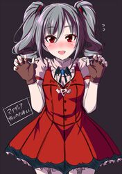  1girl bat blush brooch dress fingerless_gloves gloves grey_hair idolmaster idolmaster_cinderella_girls jewelry kanzaki_ranko long_hair miki_sayaka nail_polish necklace open_mouth red_dress red_eyes shouji_2 smile solo twintails 