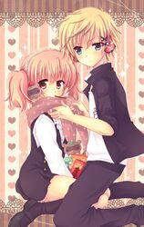  1girl blonde_hair blue_eyes eating inu_x_boku_ss miyata_(miyatami07) pink_eyes pink_hair roromiya_karuta scarf school_uniform short_hair sitting twintails watanuki_banri 