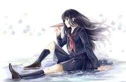  black_hair copyright_request long_hair paper_airplane rukashima school_uniform sitting solo 