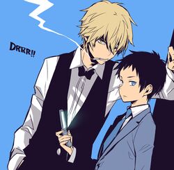  ayao77 black_hair blonde_hair blue_background blue_eyes cellphone cigarette durarara!! heiwajima_shizuo holding looking_at_viewer male multiple_boys necktie phone ryuugamine_mikado simple_background smoking title_drop yellow_eyes 