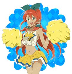  catgirl0926 cheerleader green_eyes hair_ribbon inazuma_eleven inazuma_eleven_(series) inazuma_eleven_go long_hair open_mouth pom_poms ribbon seto_midori 