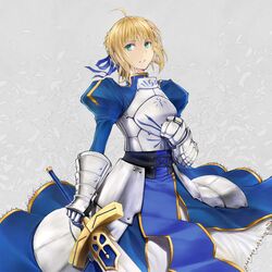  ahoge armor armored_dress blonde_hair blue_ribbon dress excalibur fate/stay_night fate/zero fate_(series) gauntlets green_eyes hair_ribbon niou_kaoru petals ribbon saber solo sword weapon 