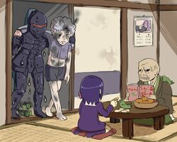  3boys afro ahoge armor azumakuro berserker_(fate/zero) book burnt calendar child crest_worm dress fate/zero fate_(series) full_armor lowres matou_kariya matou_sakura matou_zouken multiple_boys old_man purple_hair rain reading rider short_hair tears torn_clothes worms young 