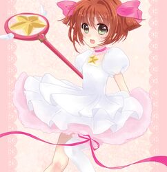  bad_id brown_hair card_captor_sakura cardcaptor_sakura child dress green_eyes hoshi_no_tsue kinomoto_sakura magical_girl ribbon riponyan short_hair twintails wand 
