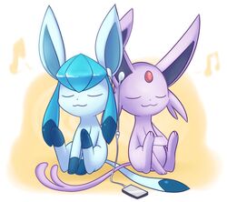  :3 back-to-back bukoya closed_eyes commentary digital_media_player espeon glaceon headphones musical_note no_humans pokemon siblings sisters sitting 
