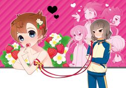  androgynous blush brown_eyes brown_hair eating flower food fruit hair_flower hair_ornament hamano_kaiji heart inazuma_eleven inazuma_eleven_(series) inazuma_eleven_go kirino_ranmaru kurama_norihito matsukaze_tenma multiple_boys nishizono_shinsuke open_mouth red_ribbon ribbon shindou_takuto short_hair strawberry striped striped_background tooru topless 