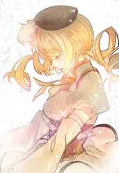  beret blonde_hair closed_eyes detached_sleeves drill_hair eyes_closed hat magical_girl mahou_shoujo_madoka_magica ribbon solo sunday31 tomoe_mami twin_drills 