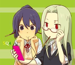  dress_shirt glasses grey_hair grin holding hoshigaki_(kyuukp) long_hair medic_(sekaiju_4) mouth_hold night_seeker_(sekaiju) pocky ponytail purple_eyes purple_hair red_eyes ribbon sekaiju_no_meikyuu sekaiju_no_meikyuu_4 semi-rimless_glasses shirt short_hair sleeves_rolled_up smile sweater_vest under-rim_glasses 