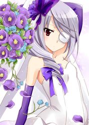  bare_shoulders bouquet bow dress elbow_gloves eyepatch flower gloves infinite_stratos laura_bodewig petals red_eyes silver_hair solo white_dress yamaki_suzu 