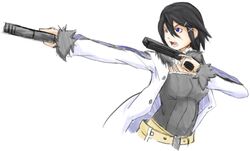  asagiri_asagi belt black_hair disgaea drawfag dual_wielding fur_trim gun hair_ornament hairclip nippon_ichi open_clothes open_jacket pandaga pistol purple_eyes short_hair solo violet_eyes weapon 